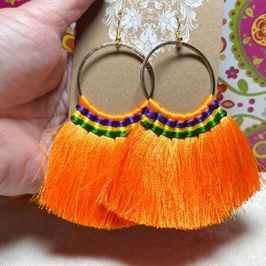 Large Fan Tassel Earrings Orange Hoops Long Smooth Silky Fringe Drop Dangles NWT